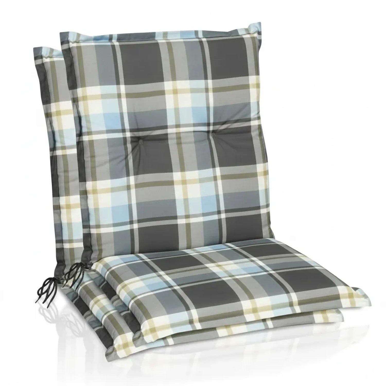 Beautissu 2er Set Sunny BK Niedriglehner Auflagen 100x50 cm in Blau Kariert