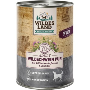 Wildes Land Hunde-Nassfutter Adult Wildschwein Pur, getreidefrei, mit Distelöl, 400g Dose.