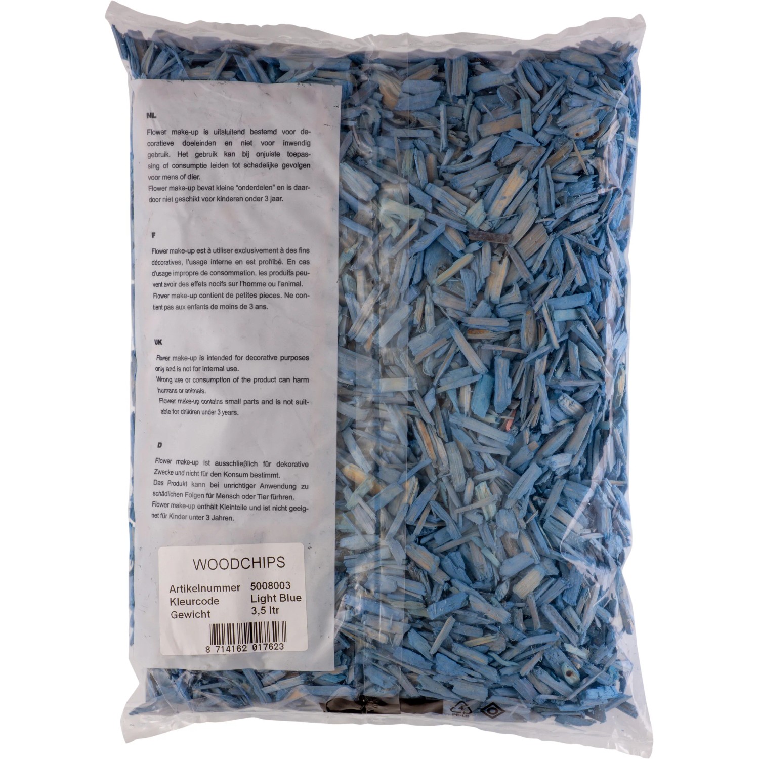 Sack mit blauen Indoor-Decor-Schnitzeln (3,5 l) für dekorative Zwecke.