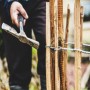 Aufbau eines Staketenzauns aus Haselnussholz (120cm hoch) mit Hammer und Draht im Garten.