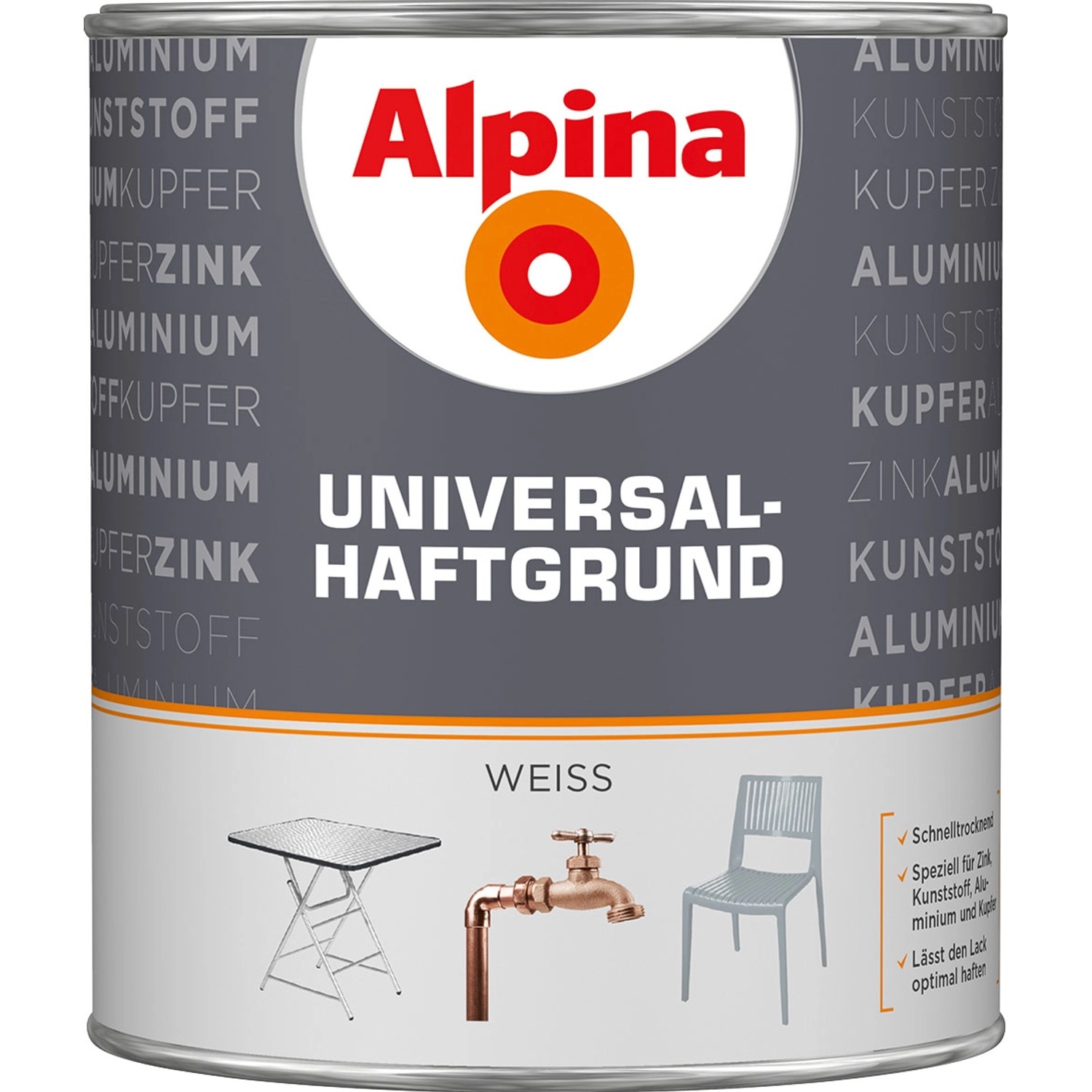 Alpina Universal-Haftgrund, weiß, 750ml Dose für Zink, Alu, Kunststoff & Kupfer.