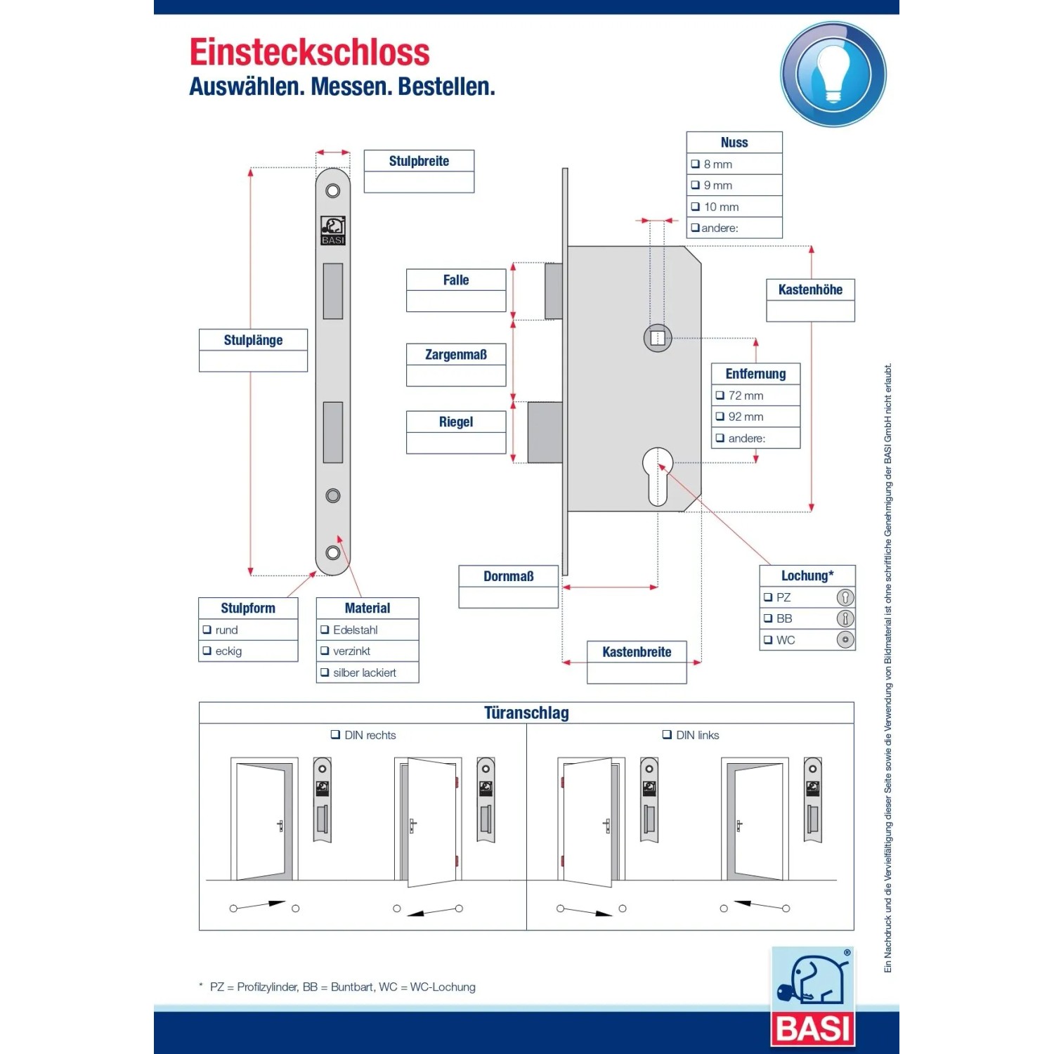 Technische Zeichnung BASI Zimmertürschloss ES 927 BB, DIN Rechts, Maße und Türanschläge.