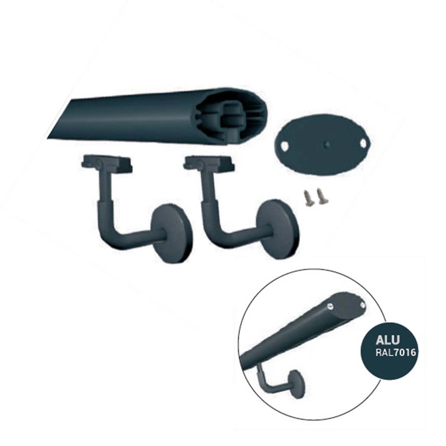 Kordo Wandhandlauf-Set aus Aluminium in Anthrazit mit Stützen und Montagezubehör.