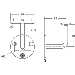 Techn. Zeichnung SCHÖSSWENDER Handlaufträger Edelstahl. Runde Anschraubplatte, Wandabstand 72mm, für Rohr ø 42,4mm.