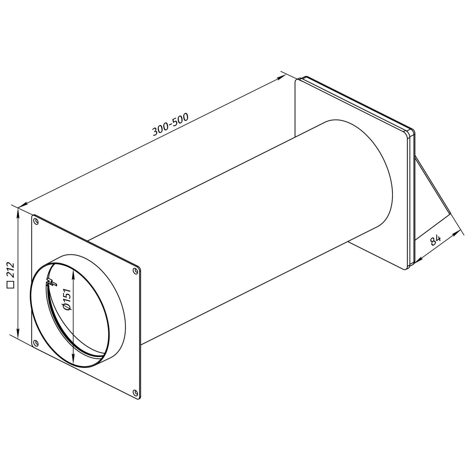 Technische Zeichnung: Teleskop-Mauerkasten Ø 150 mm mit Edelstahl-Ablufthaube, verstellbar 30-50cm.