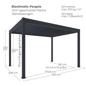 Elektrische osoltus Bioclimatic Lamellen Pergola 4x3m in Anthrazit mit Maßen, Schneelast & Windlastangaben.