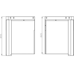 Skizze des MyOutdoorKitchen Eckmoduls Stainless Collection mit Maßangaben.