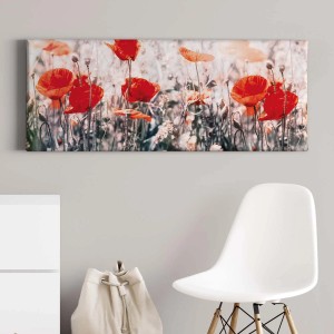 Leinwandbild mit Mohnblumen, rotes Wandbild mit Blumenwiese für Wohnzimmer und Schlafzimmer.