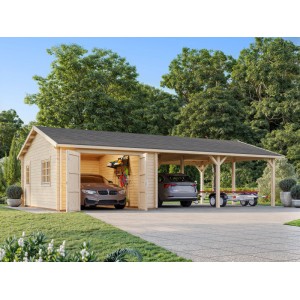Palmako Garage Roger mit Holztor, tauchgrundiert grau, mit Carport und zwei Autos.