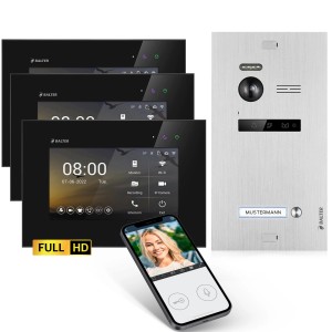 Balter EVO-HD Video-Türsprechanlage mit 3 Monitoren und App für Einfamilienhaus, silber/schwarz.
