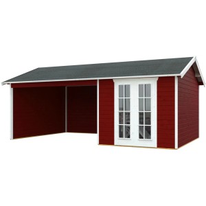 Schwedenrotes Holz-Gartenhaus Tilburg (23,3 m²) mit Anbau und Doppeltür.