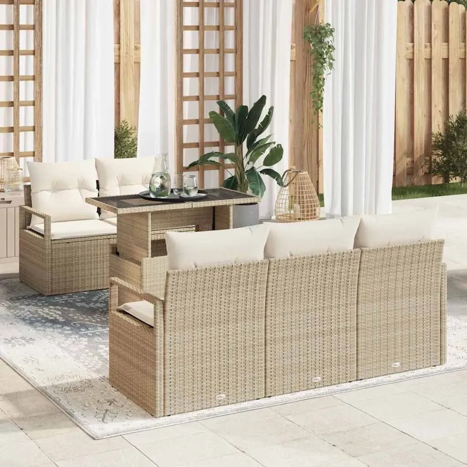 Beiges 6-tlg. vidaXL Garten-Sofa-Set aus Poly Rattan mit Tisch und Stauraum.