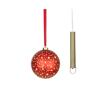 Rote LED-Glas-Weihnachtskugel mit leuchtenden Sternen, rotem Band und goldenem Batteriefach.