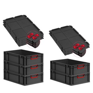 PROREGAL SuperSparSet: 5 schwarze Euroboxen mit roten Griffen und Auflagedeckel. Aufbewahrungsboxen stapelbar.