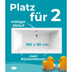 Calmwaters Rechteck-Badewanne 190x90 cm mit Wannenträger und Ablaufgarnitur im Set.