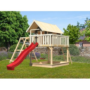 Karibu Stelzenhaus Fidel Terragrau mit Schaukel, Klettergerüst, Netzrampe und roter Rutsche.