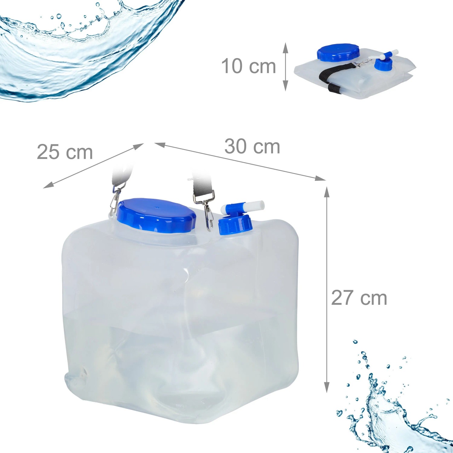 Transparent-blauer Relaxdays Faltkanister 15 l mit Zapfhahn, faltbar, für Camping & Outdoor, 2er Set. Maße 27x25x30 cm.