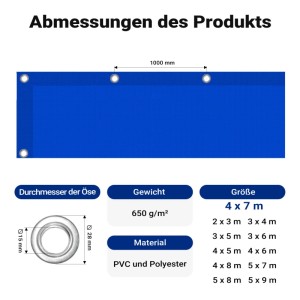 Blaue Wiltec Abdeckplane 4x7m mit Ösen. Infografik zeigt Maße, 650g/m² Gewicht und Polyester/PVC Material.