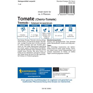 Kiepenkerl Cherry-Tomate Tremolo Samenpackung mit roten Tomaten Abbildung.