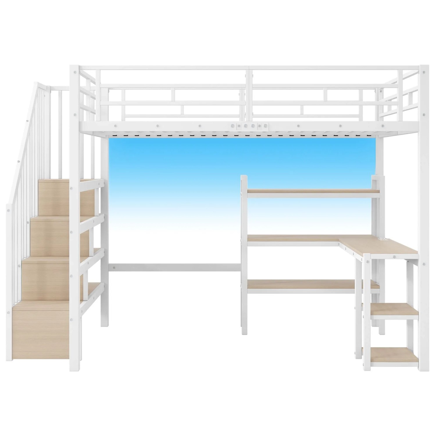 Merax Metall Hochbett 140x200 cm Mit Treppe Schreibtisch Staufächern USB LED Weiß