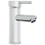 Glänzender Chrom-Wasserhahn mit zylindrischem Körper und Hebelgriff für Einbauwaschbecken.