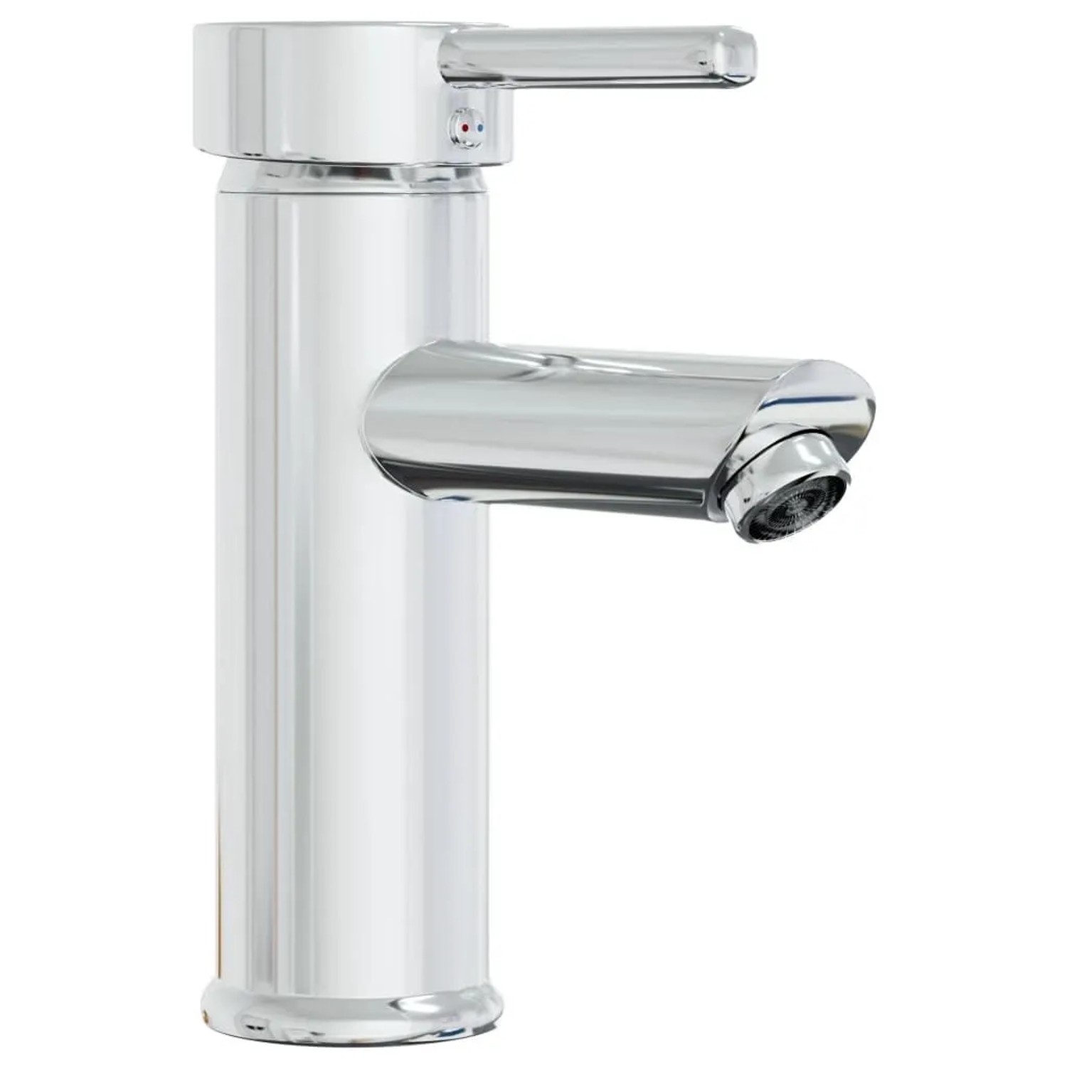 Glänzender Chrom-Wasserhahn mit zylindrischem Körper und Hebelgriff für Einbauwaschbecken.