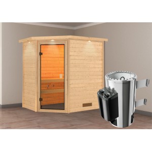 Karibu Sauna Jella mit Ofen und LED-Dachkranz aus Naturholz, Eckeinstieg.