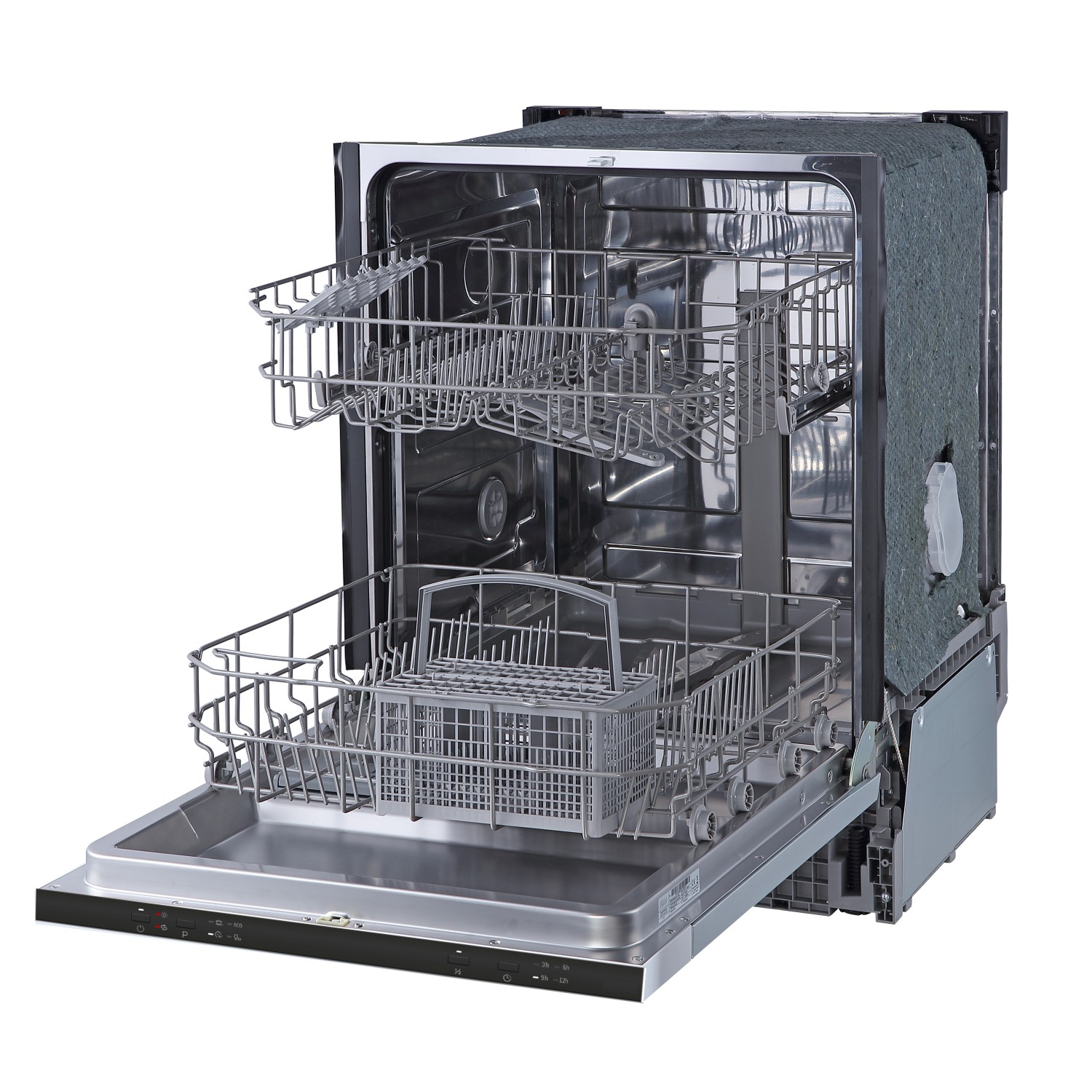 Offener, vollintegrierter Geschirrspüler aus der Held Küchen Küchenzeile Kempten mit zwei Spülkörben.