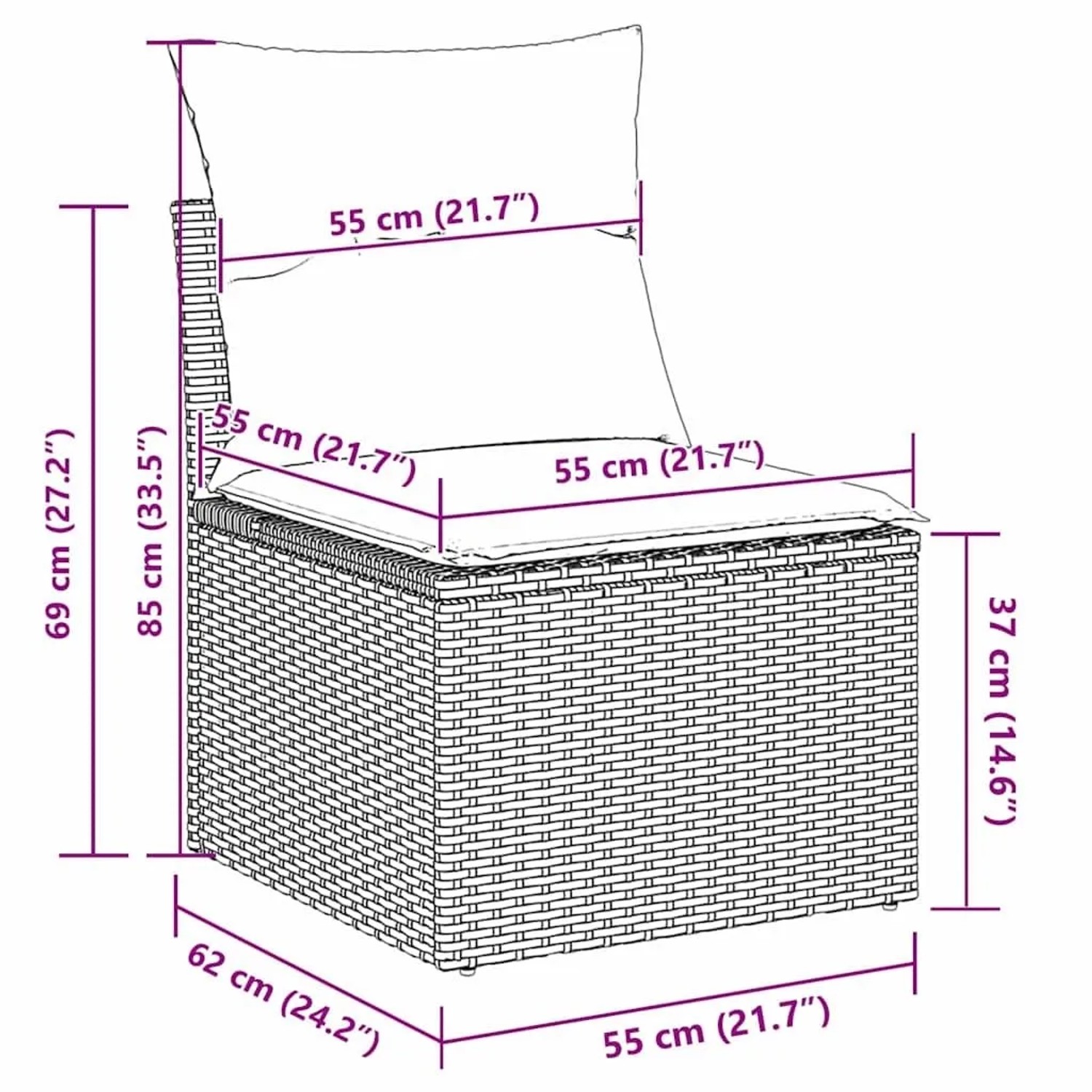 Modularer vidaXL Garten Essgruppen-Sitz aus Poly-Rattan in Beige/Creme mit Kissen. Zeigt Maße des Outdoor-Möbels.