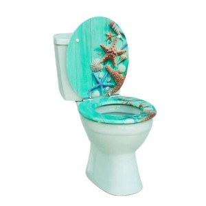 SINOBATH WC-Sitz mit Absenkautomatik, Holzkern, türkis mit Seestern-Motiv.