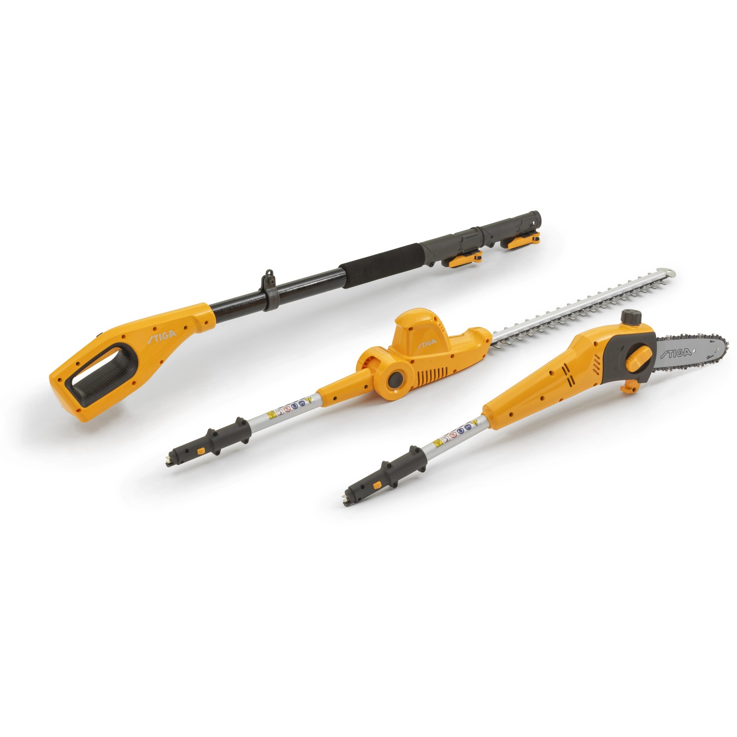 Stiga Akku-Multitool MT 100e mit Heckenscheren- und Hochentaster-Aufsatz, Akku und Ladegerät.