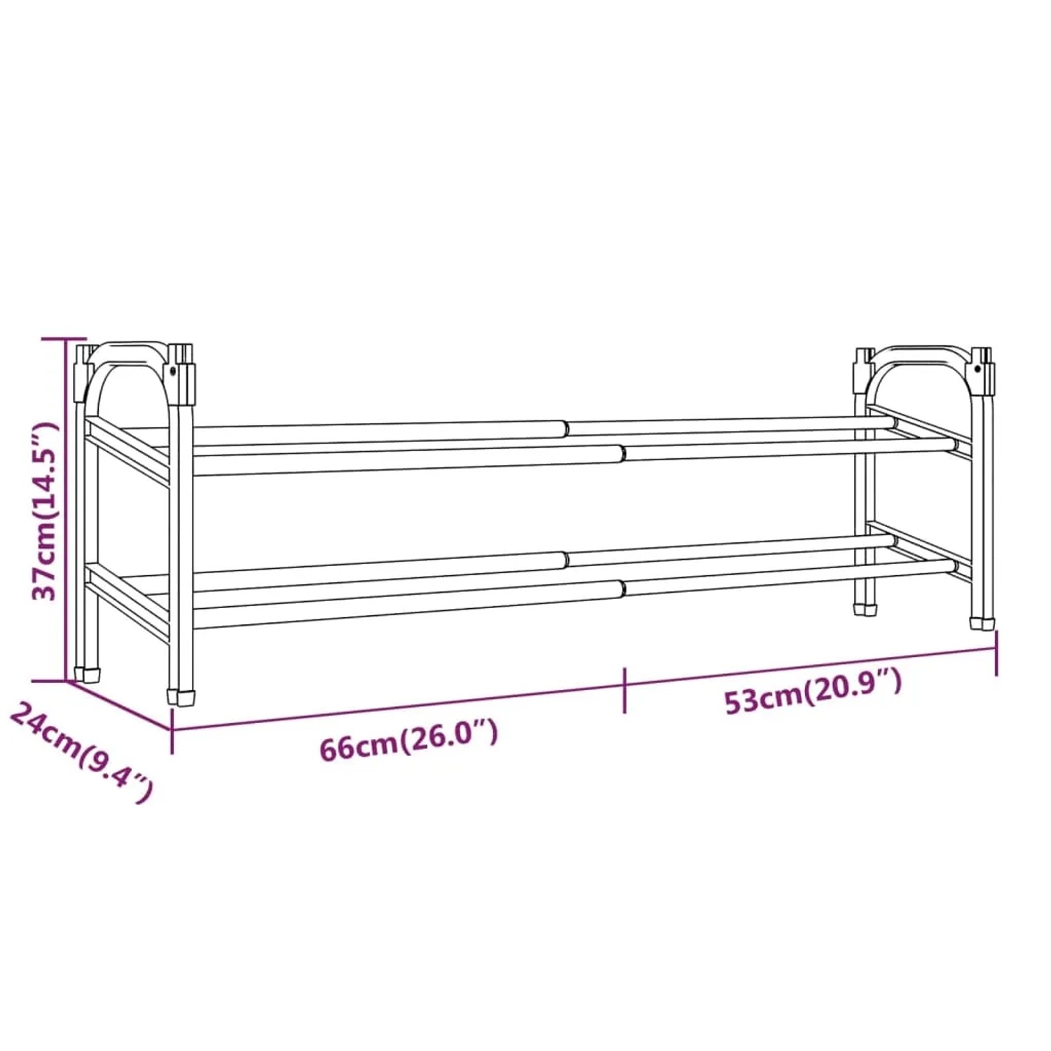Ausziehbares vidaXL Schuhregal mit 2 Ablagen, Schwarz/Silber. Aluminium, Maße 66-119x24x37 cm.