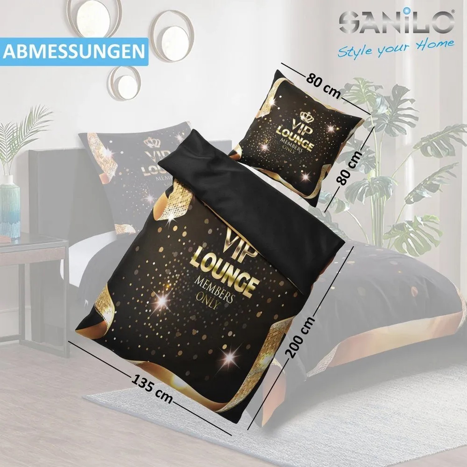 SANILO Bettwäsche VIP Lounge, 4-teilig, schwarz/gold mit Schriftzug. Premium Bettwäsche für Schlafzimmer.