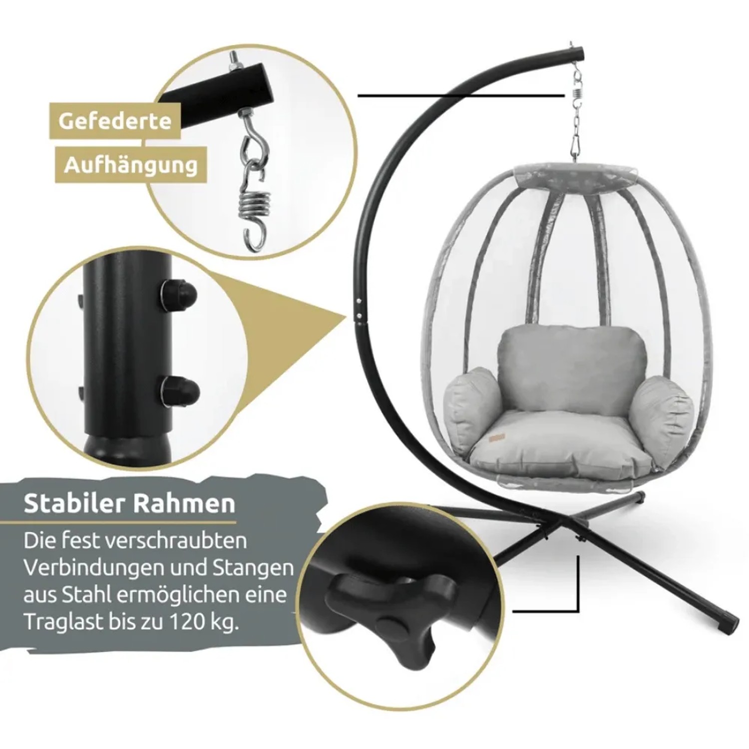 DELUKE Hängesessel mit Gestell, grau, mit Kissen und Kuscheldecke für Indoor/Outdoor.