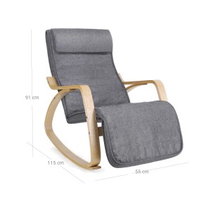 Songmics Schaukelstuhl, grau mit Birkenholz-Armlehnen, bequemer Loungesessel zum Entspannen.