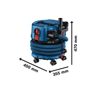 Bosch Professional GAS 18V-12 MC Akku-Nass-/Trockensauger mit blauem Gehäuse und Zubehör.