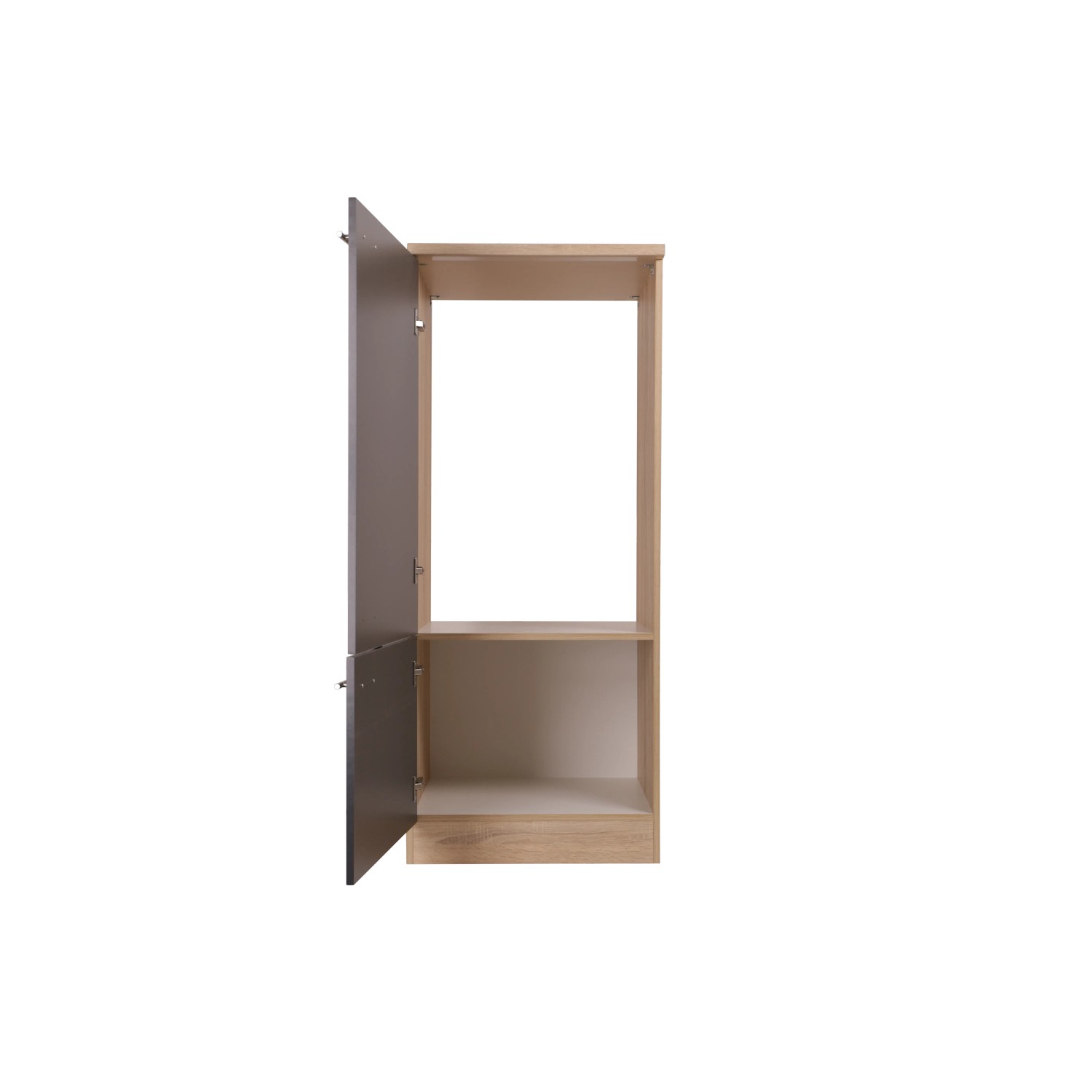 Respekta Kühlschrankumbau Merle, 60 cm, Grau, mit offener Tür und Einlegeböden.