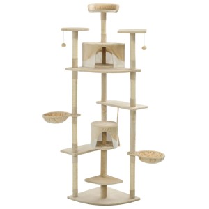 Beiger vidaXL Katzen-Kratzbaum (203 cm) mit Sisal, Häusern, Körben und Spielzeug.