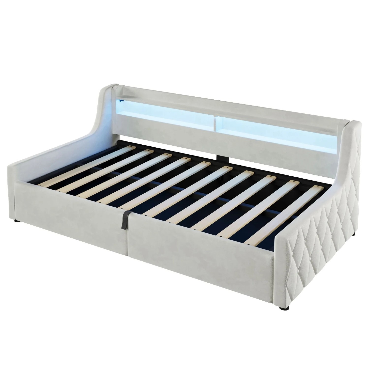 Merax Samtbett 90x200cm Hydraulik Stauraum LED Beige
