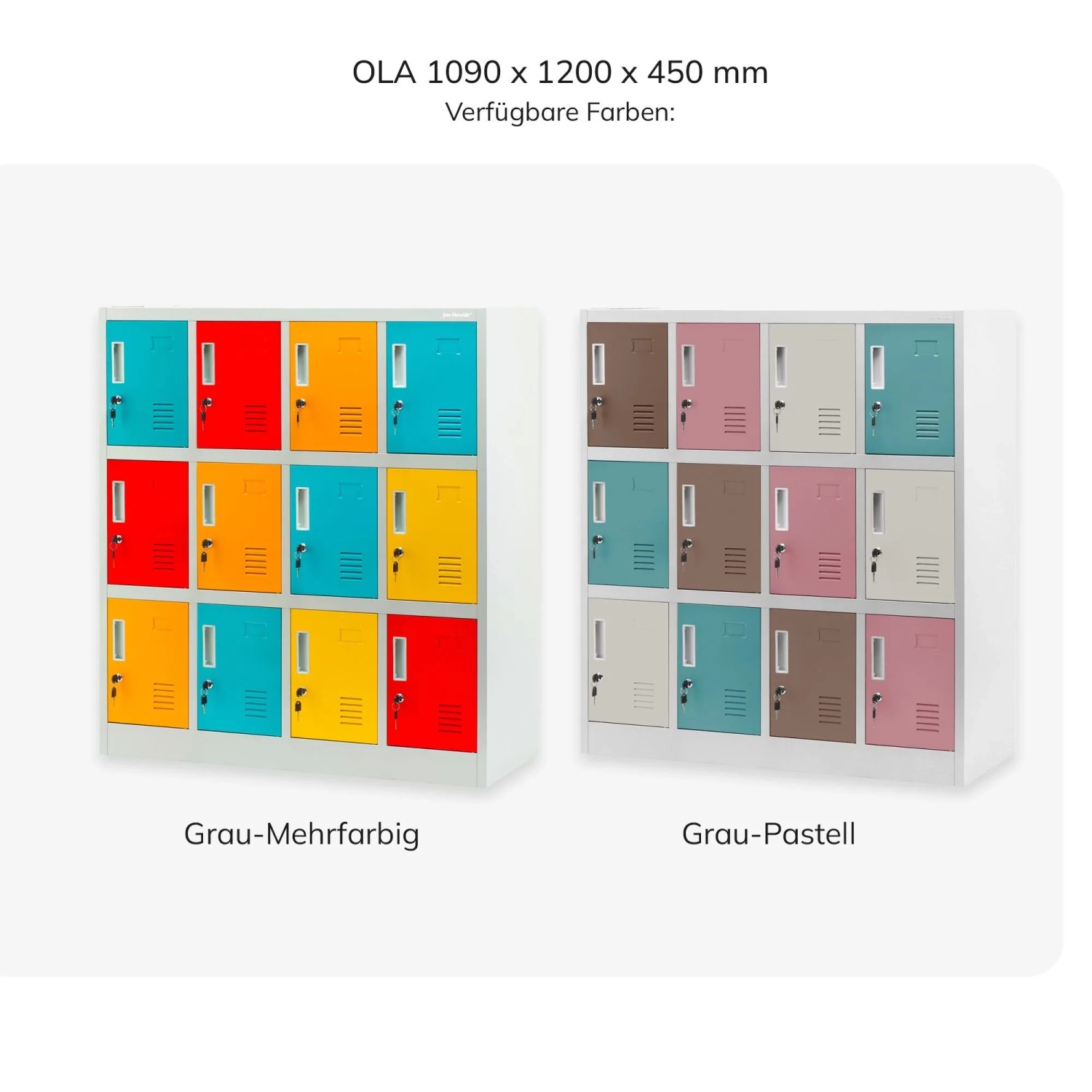 Jan Nowak OLA Schließfachschrank, 12 Fächer, grau-mehrfarbig & pastell. Robuster Metallschrank für Schule & Kita.