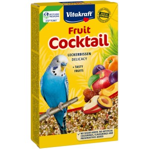 Vitakraft Frutti Cocktail für Sittiche, 200g Packung mit Wellensittich und Früchten.