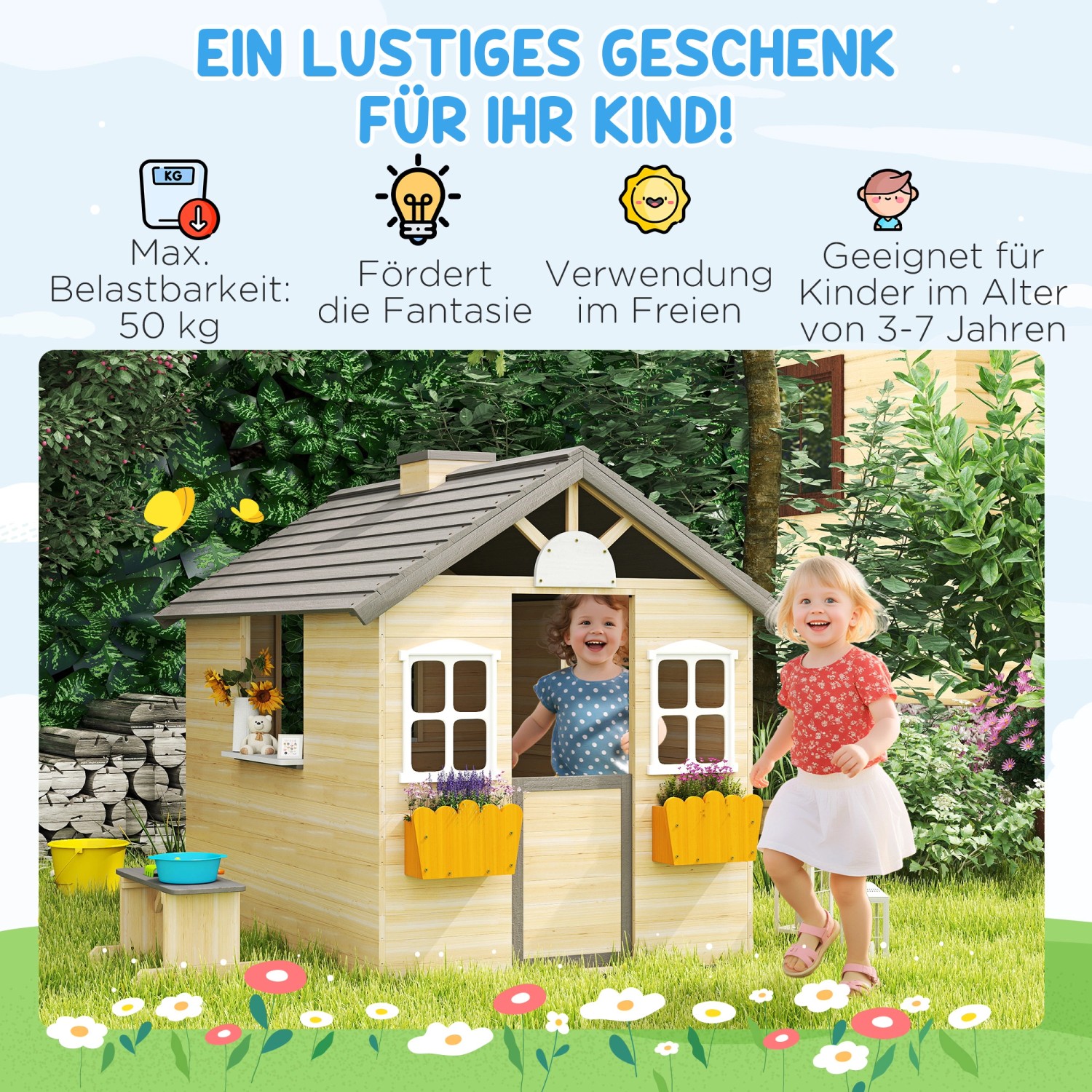 Outsunny Kinderspielhaus aus Holz mit zwei spielenden Kindern, grauem Dach und weißen Fensterrahmen.