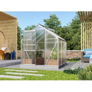 Vitavia Gewächshaus Venus 3800 mit Alu-Rahmen und geöffneter Schiebetür im Garten.