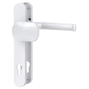 Weiße Tür-Garnitur für Holz- & Kunststofftüren, 92 mm PZ, mit Drücker innen und Knauf außen.