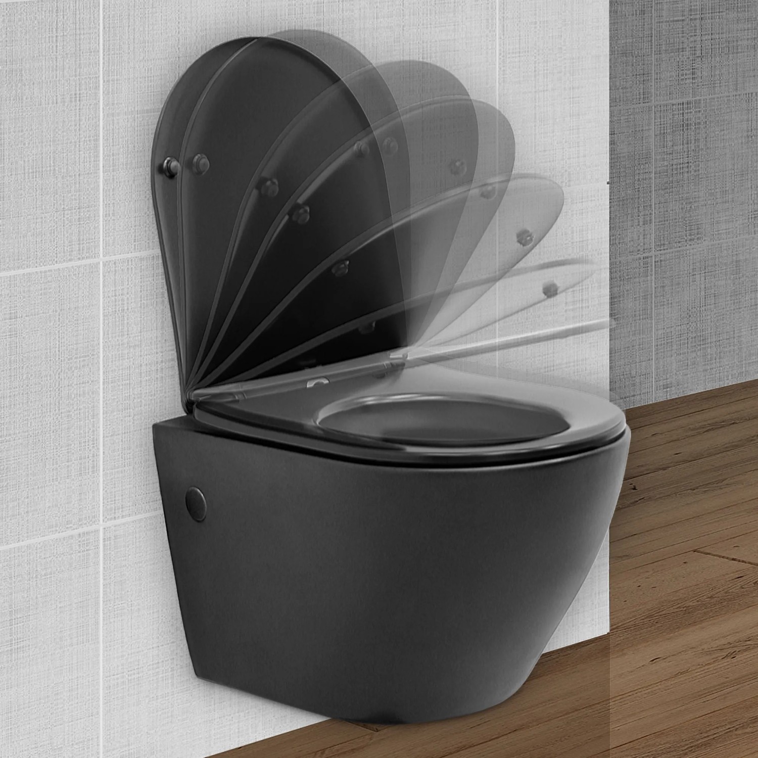 Schwarz matte, spülrandlose Hänge-WC von ECD Germany mit Softclose-Funktion.