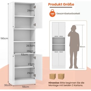 Weißer 190 cm hoher Costway Hochschrank mit 4 Türen und 2 offenen Fächern. Ideal als Küchen- oder Badregal.