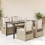 5-teilige Garten Essgruppe mit beigen Polyrattan Stühlen, Kissen und schwarzem Tisch mit Glasplatte.