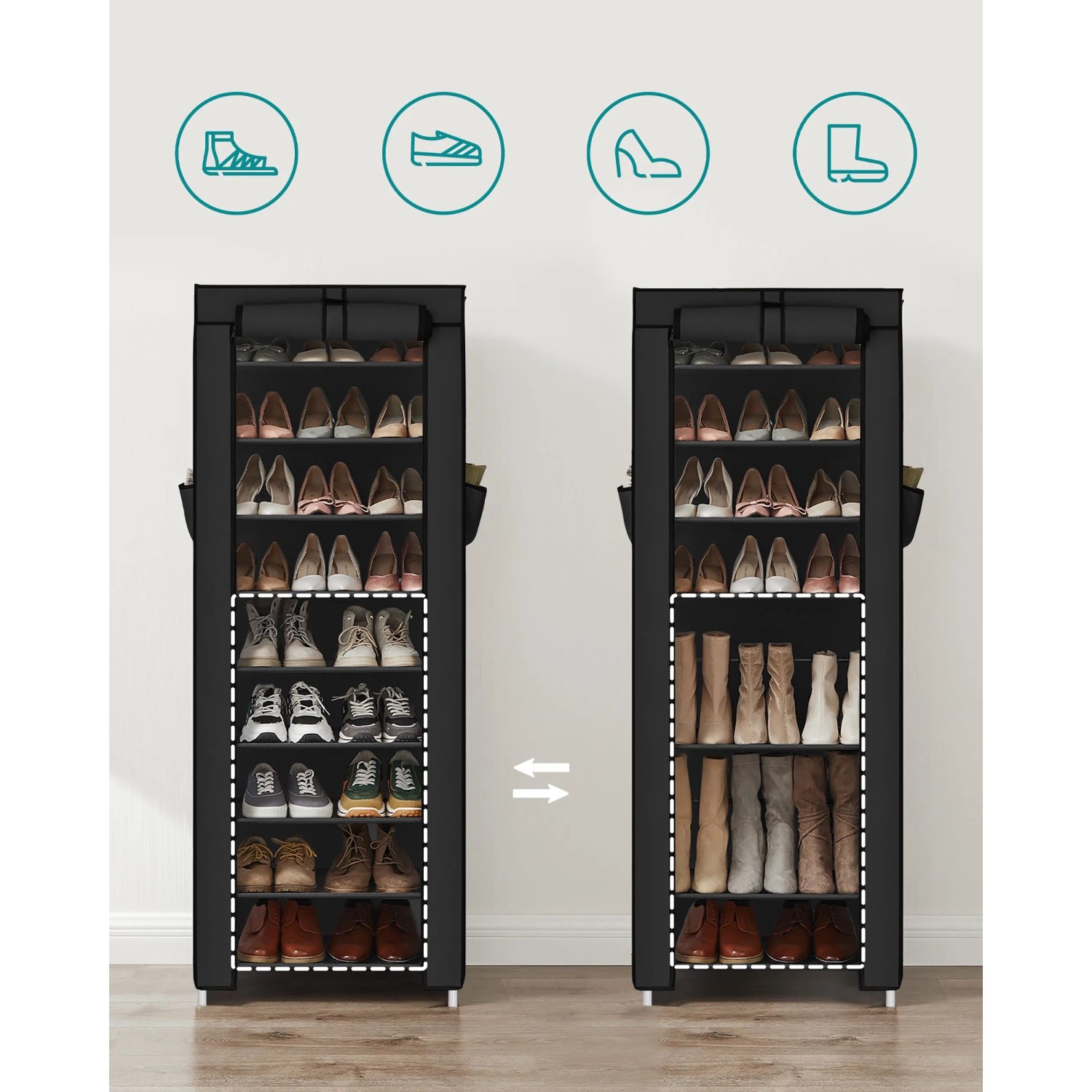 Schwarzes Songmics Schuhregal mit 10 Ebenen für ca. 30 Schuhe, mit Seitenfächern.