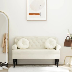 Cremefarbene vidaXL Sitzbank mit Rückenlehne, Samt, 119,5x64,5x75 cm, für Garderobe oder Wohnbereich.