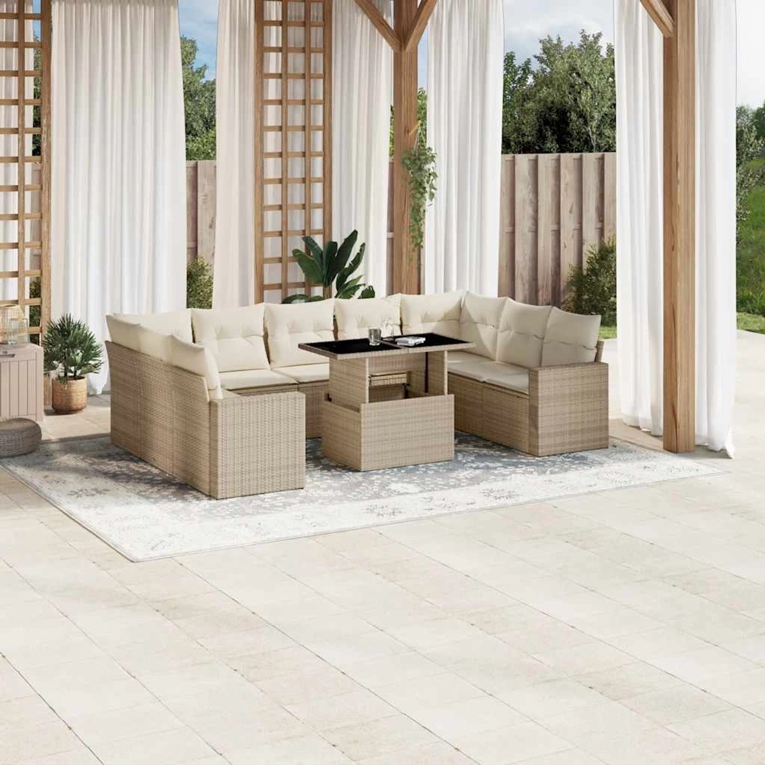 Beige 10-tlg. vidaXL Garten-Sofagarnitur aus Rattan mit Tisch und Kissen.